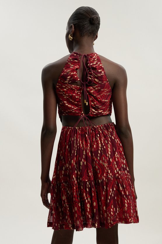 Karen Millen Printed Metallic Viscose Georgette Thread Halter Woven Mini Dress Red