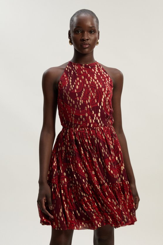 karen millen Printed Metallic Viscose Georgette Thread Halter Woven Mini Dress red