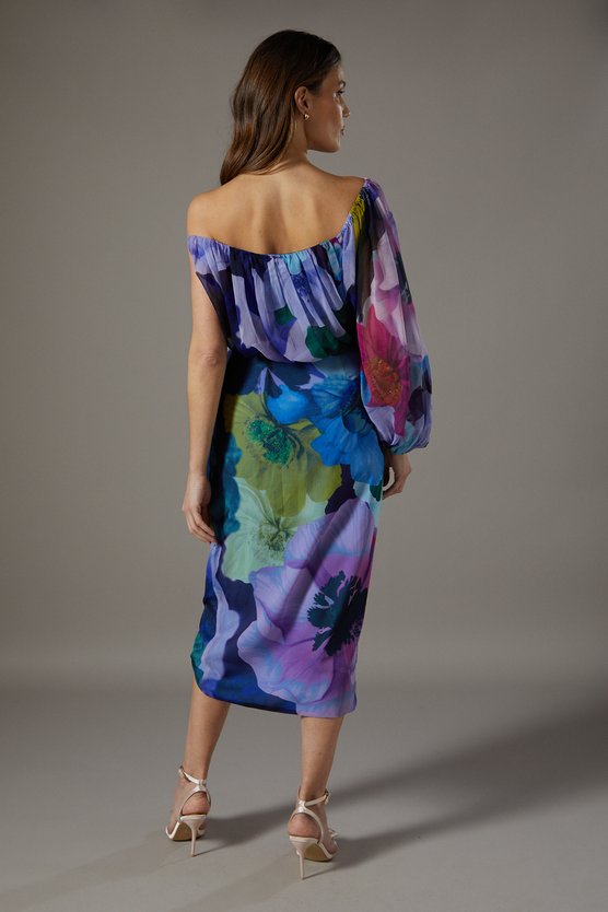 Karen Millen Printed One Shoulder Wrap Skirt Dress Multi