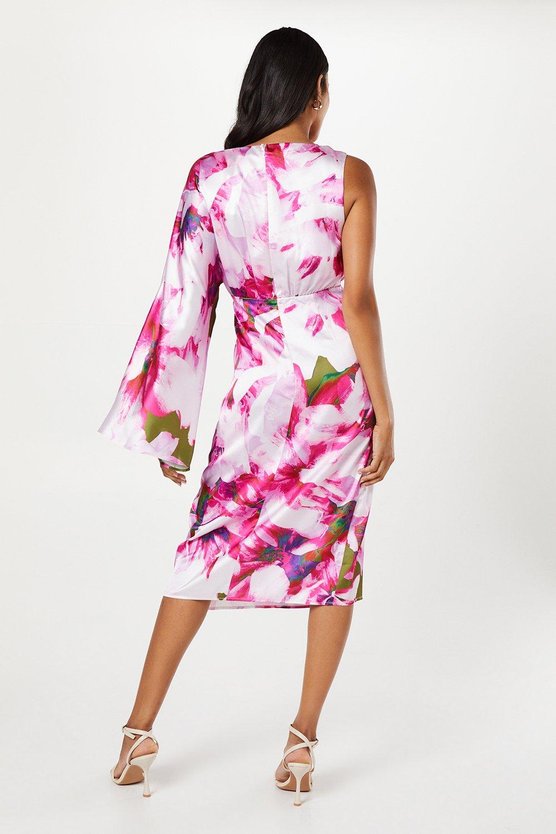 Karen Millen Printed Satin One Shoulder Wrap Skirt Midi Wedding Guest Dress Multi