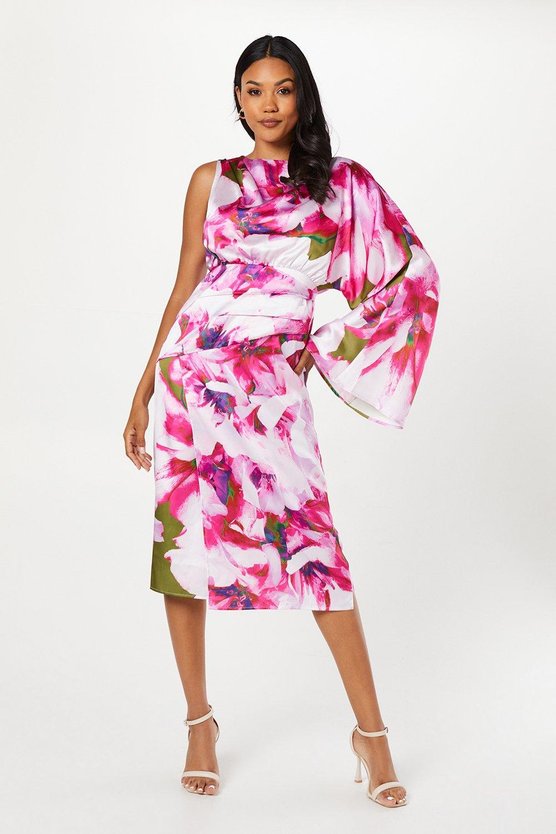 karen millen Printed Satin One Shoulder Wrap Skirt Midi Wedding Guest Dress multi