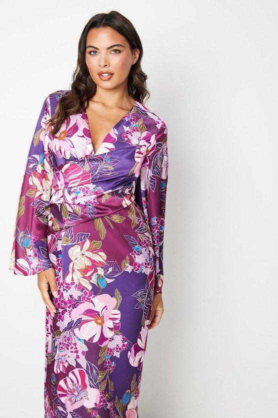 Karen Millen Printed Satin Wrap Dress With Flare Sleeve Berry