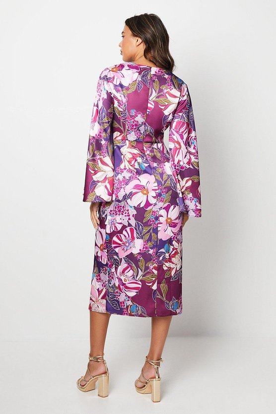 Karen Millen Printed Satin Wrap Dress With Flare Sleeve Berry