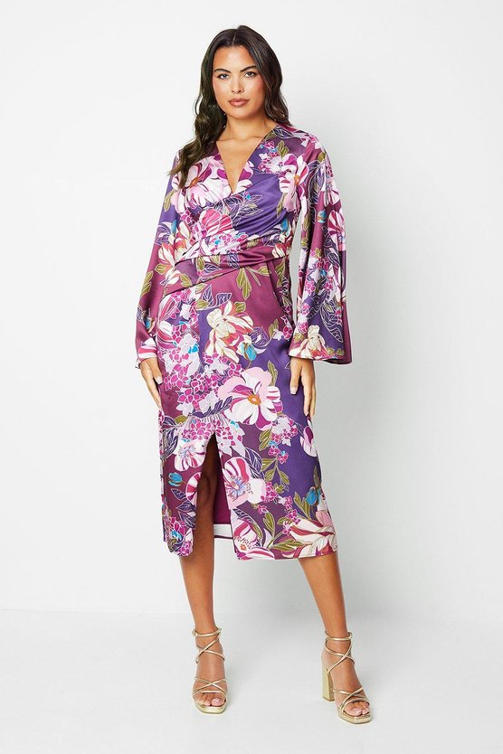 karen millen Printed Satin Wrap Dress With Flare Sleeve berry