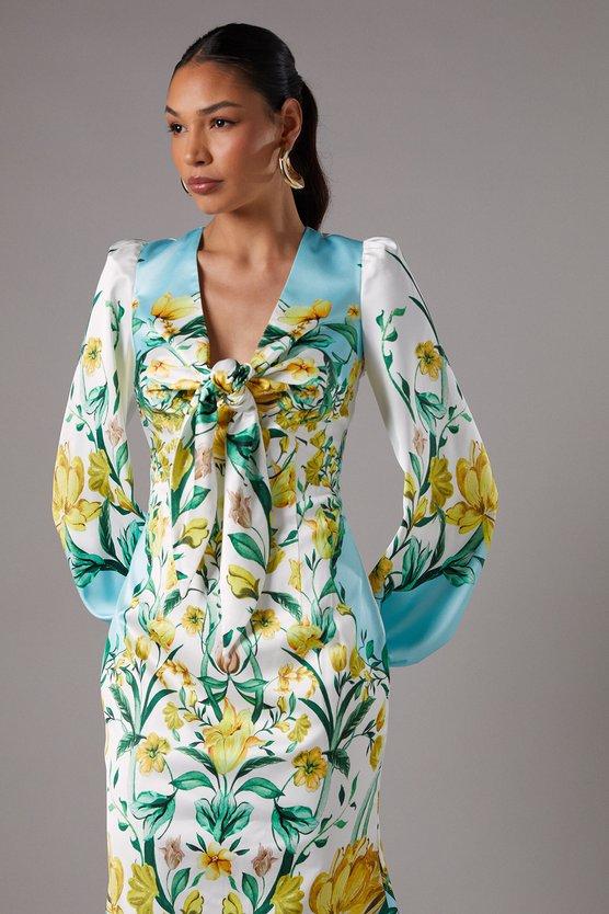 Karen Millen Printed Tie Front Long Sleeve Midi Wedding Guest Dress Ivory