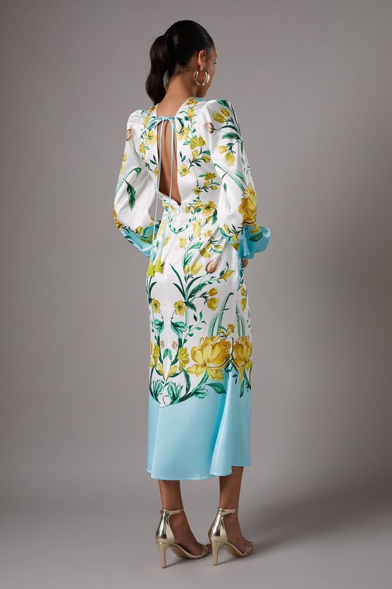 Karen Millen Printed Tie Front Long Sleeve Midi Wedding Guest Dress Ivory