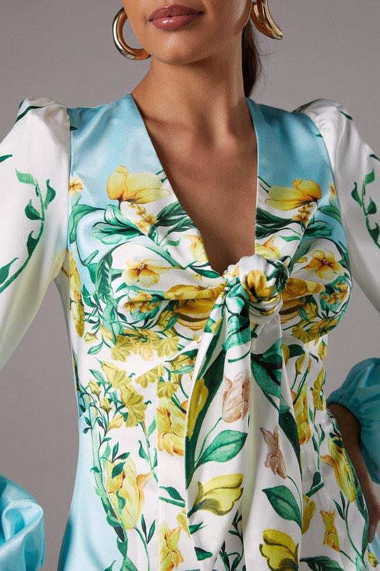 Karen Millen Printed Tie Front Long Sleeve Midi Wedding Guest Dress Ivory