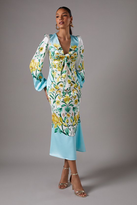 karen millen Printed Tie Front Long Sleeve Midi Wedding Guest Dress ivory