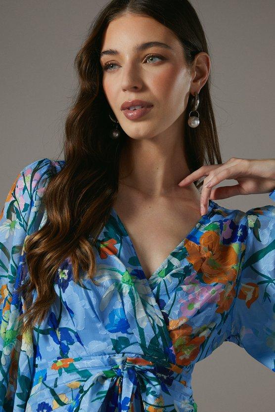 Karen Millen Printed Tie Front Wrap Jacquard Dress Blue