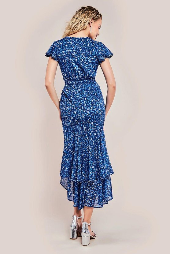 Karen Millen Printed Wrap High And Low Midaxi Dress Navy