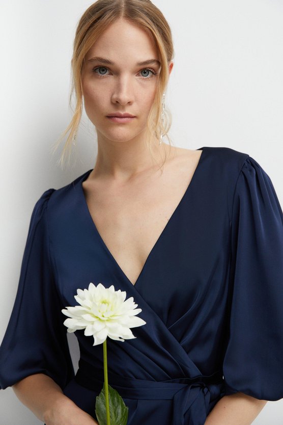 Karen Millen Puff Sleeve Satin Wrap Bridesmaid Dress Navy