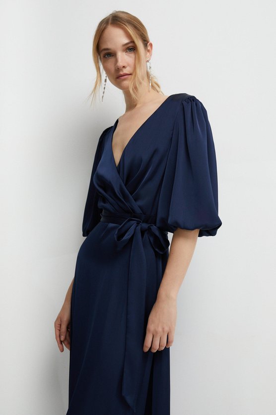 Karen Millen Puff Sleeve Satin Wrap Bridesmaid Dress Navy