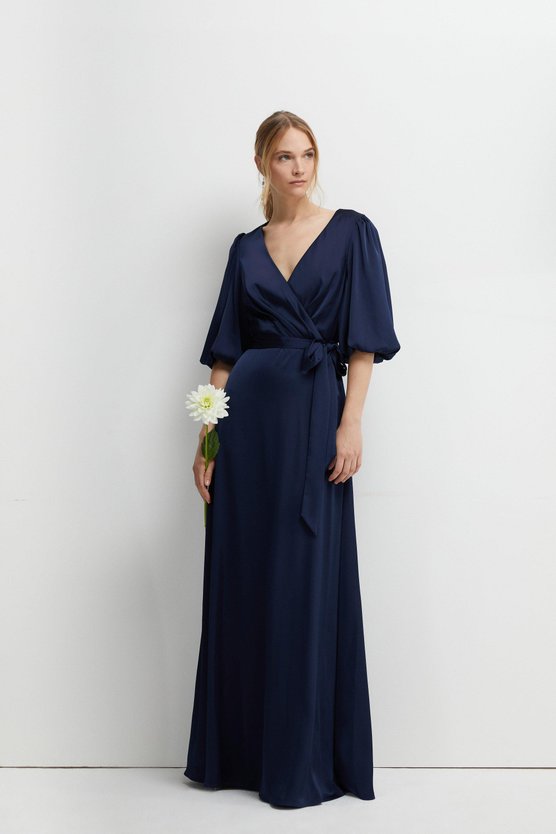 karen millen Puff Sleeve Satin Wrap Bridesmaid Dress navy