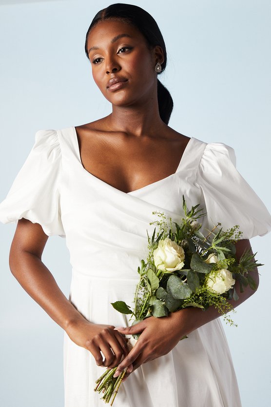 Karen Millen Puff Sleeve Wrap Bodice Fit And Flare Wedding Dress Ivory