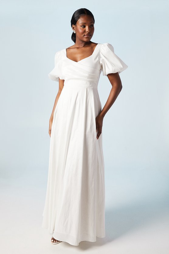 karen millen Puff Sleeve Wrap Bodice Fit And Flare Wedding Dress ivory