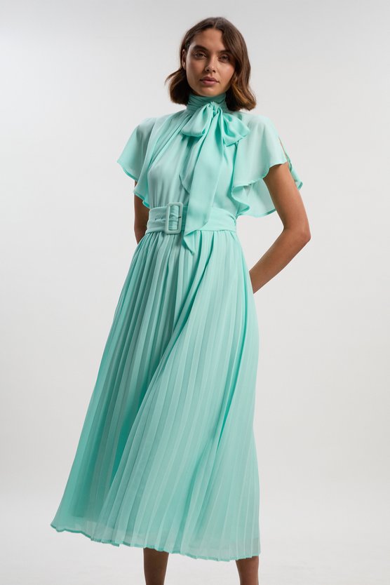 Karen Millen Pussy Bow Tie Georgette Belted Woven Midi Dress Mint