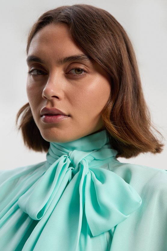 Karen Millen Pussy Bow Tie Georgette Belted Woven Midi Dress Mint