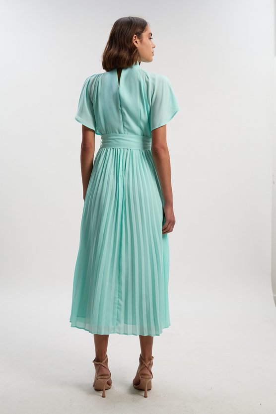 Karen Millen Pussy Bow Tie Georgette Belted Woven Midi Dress Mint