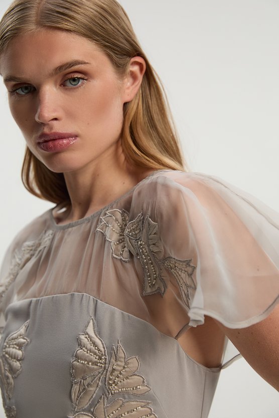 Karen Millen Quilted Applique Organdie Angel Sleeve Woven Maxi Dress Silver