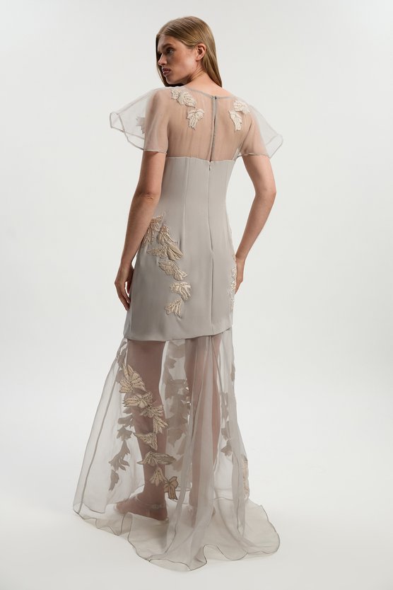 Karen Millen Quilted Applique Organdie Angel Sleeve Woven Maxi Dress Silver