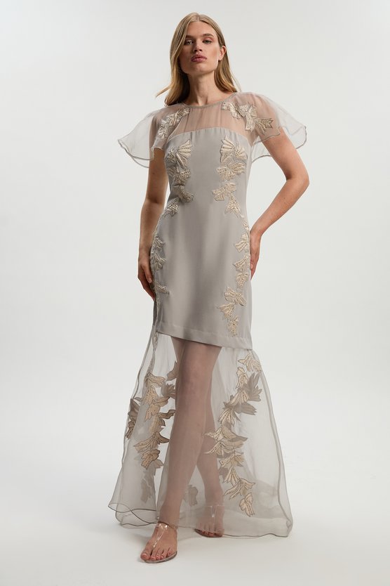 karen millen Quilted Applique Organdie Angel Sleeve Woven Maxi Dress silver