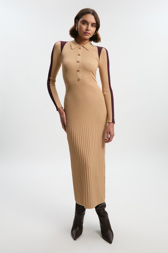 karen millen Rib Knit Military Colour Block Midi Dress natural