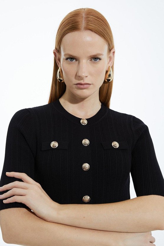 Karen Millen Rib Knit Military Trim Maxi Dress Black