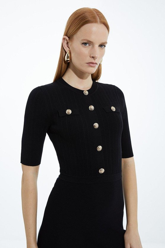 Karen Millen Rib Knit Military Trim Maxi Dress Black