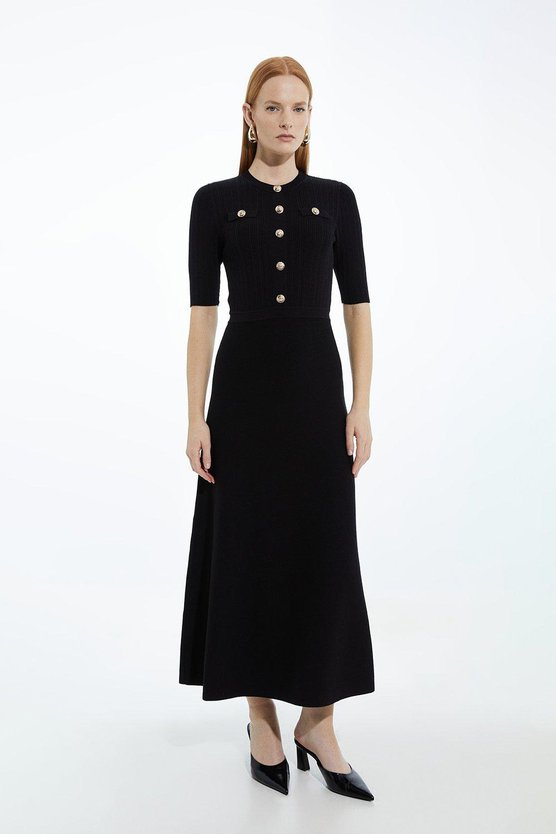 karen millen Rib Knit Military Trim Maxi Dress black