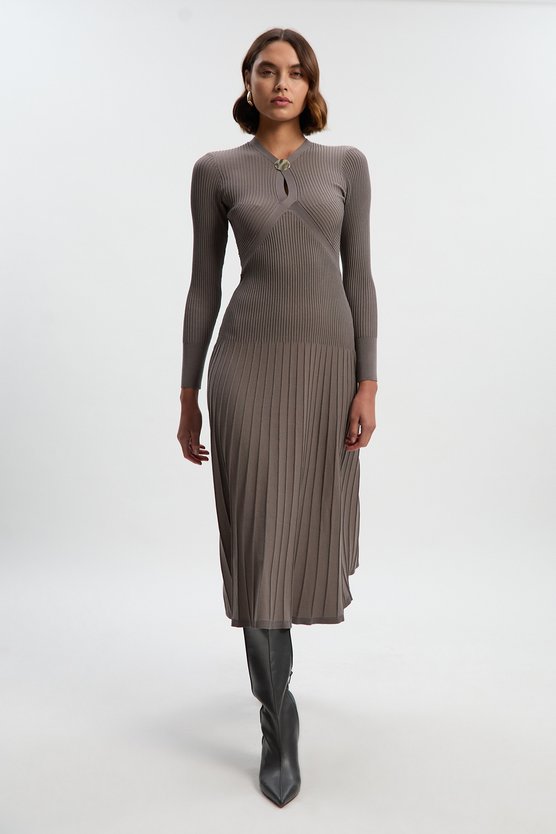 Karen Millen Rib Knit Trim Detail Full Skirt Midi Dress Grey