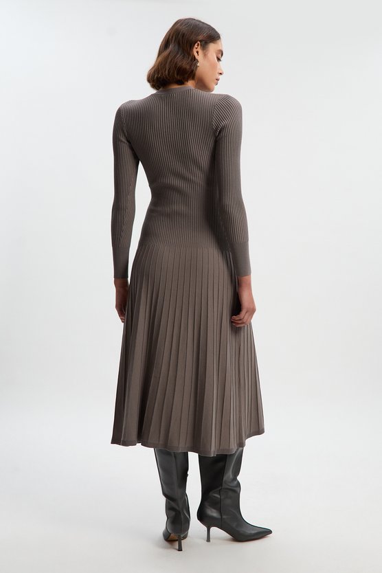 Karen Millen Rib Knit Trim Detail Full Skirt Midi Dress Grey