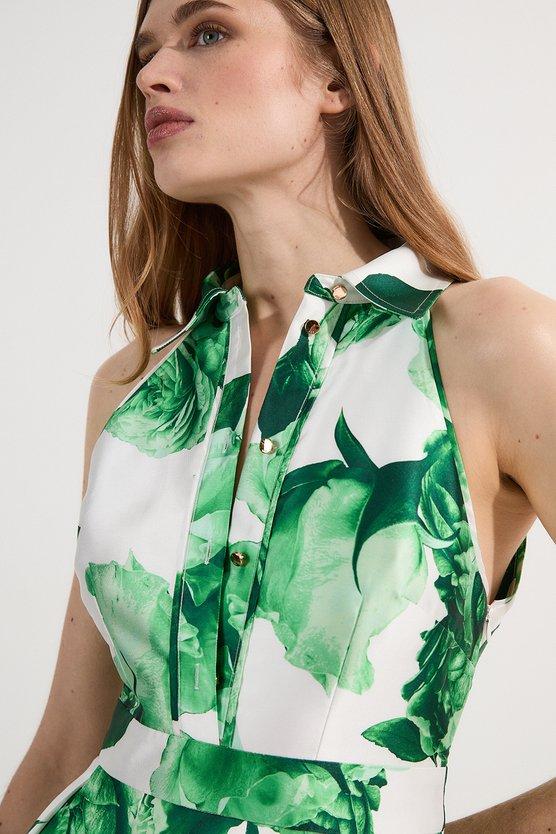 Karen Millen Rose Print Twill Collared Maxi Dress Green