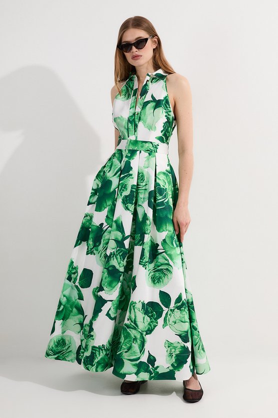 Karen Millen Rose Print Twill Collared Maxi Dress Green