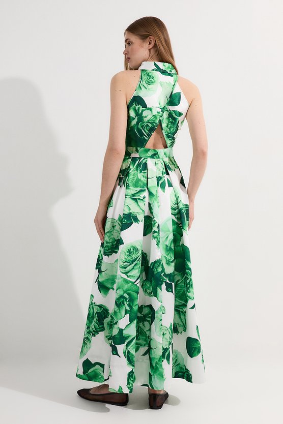 Karen Millen Rose Print Twill Collared Maxi Dress Green