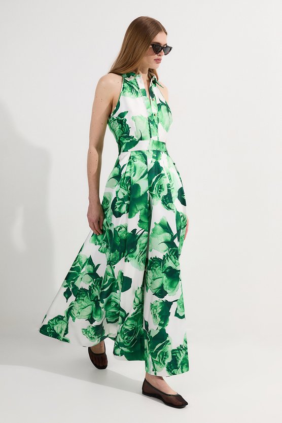 karen millen Rose Print Twill Collared Maxi Dress green