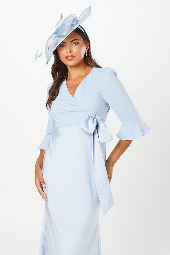 Karen Millen Ruffle Sleeve Satin Back Crepe Wrap Dress Pale Blue