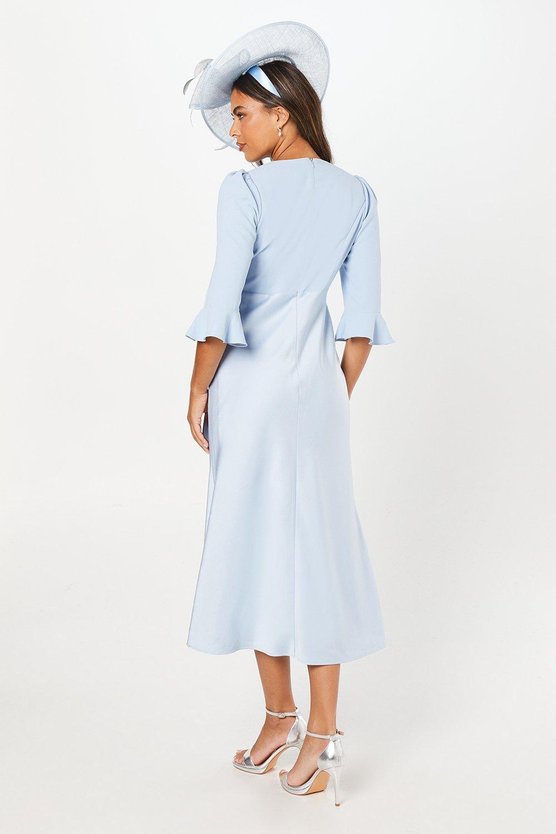 Karen Millen Ruffle Sleeve Satin Back Crepe Wrap Dress Pale Blue