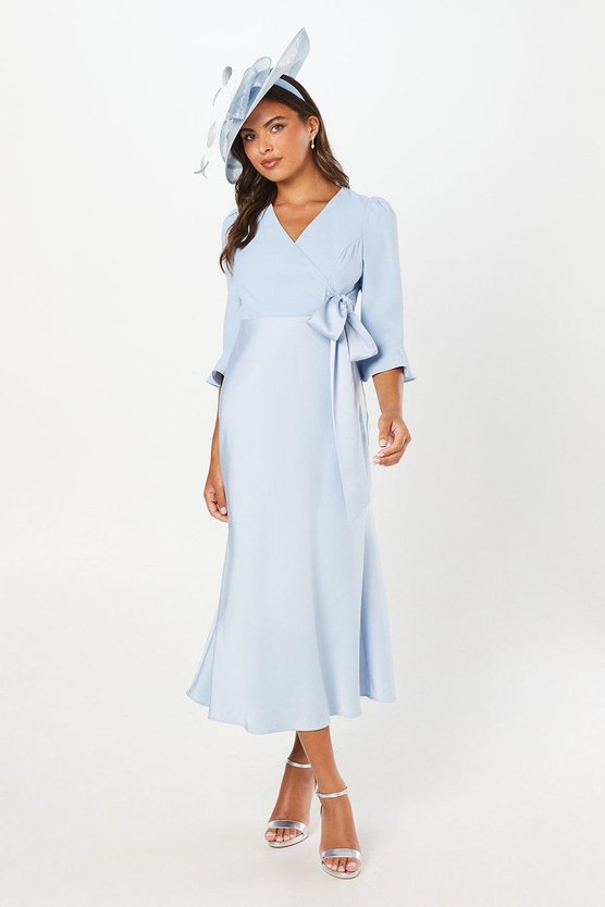 karen millen Ruffle Sleeve Satin Back Crepe Wrap Dress pale blue