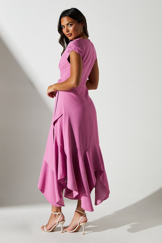 Karen Millen Ruffle Wrap Front Belted Midi Dress Pink