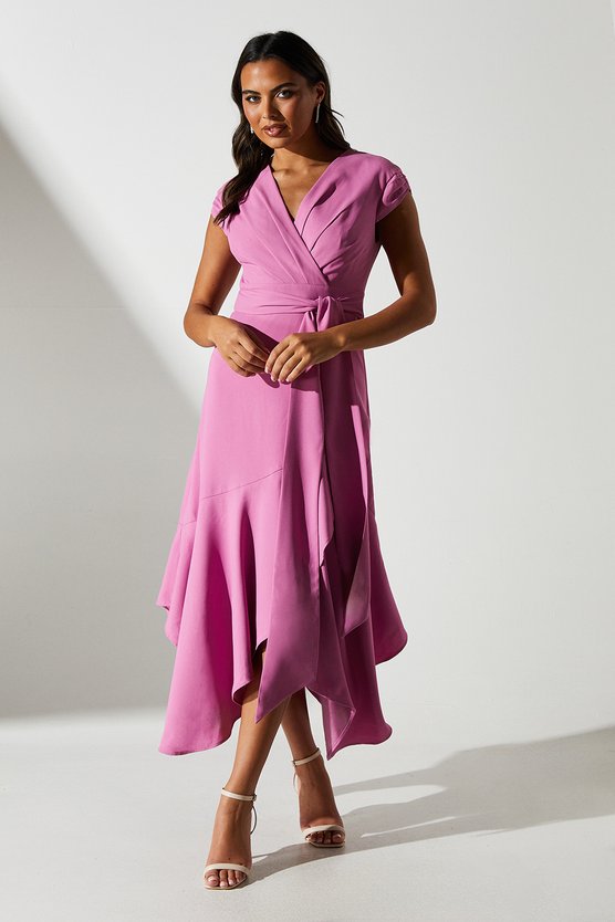 karen millen Ruffle Wrap Front Belted Midi Dress pink
