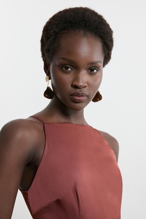 Karen Millen Satin Back Crepe Column Woven Maxi Dress Chocolate