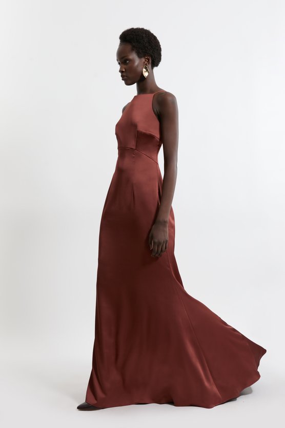 karen millen Satin Back Crepe Column Woven Maxi Dress chocolate