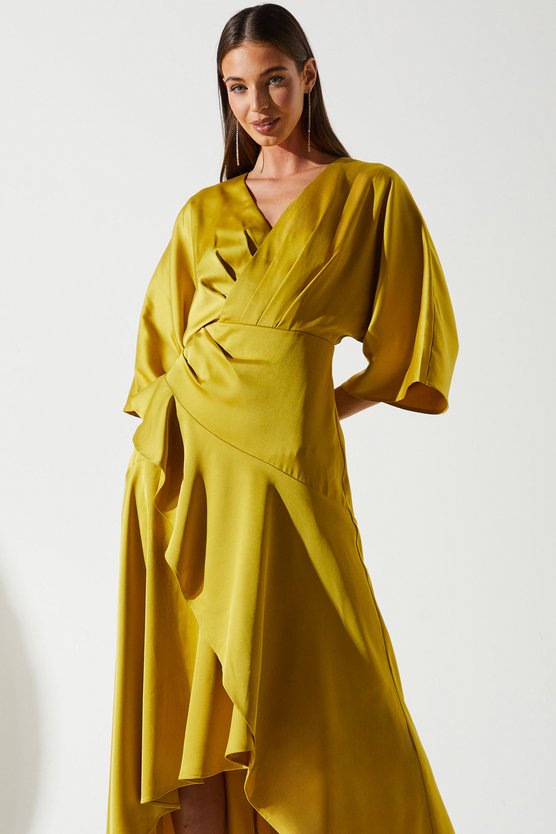 Karen Millen Satin Back Crepe Ruffle Wrap Midi Dress Olive
