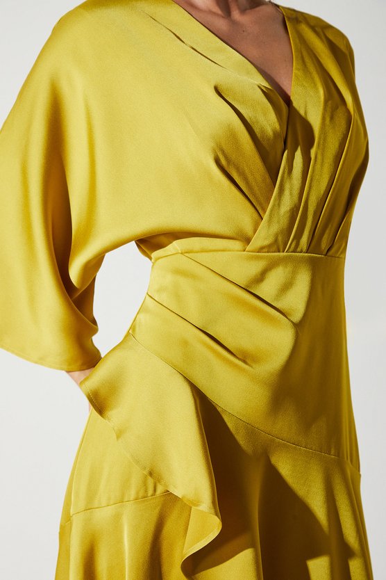 Karen Millen Satin Back Crepe Ruffle Wrap Midi Dress Olive