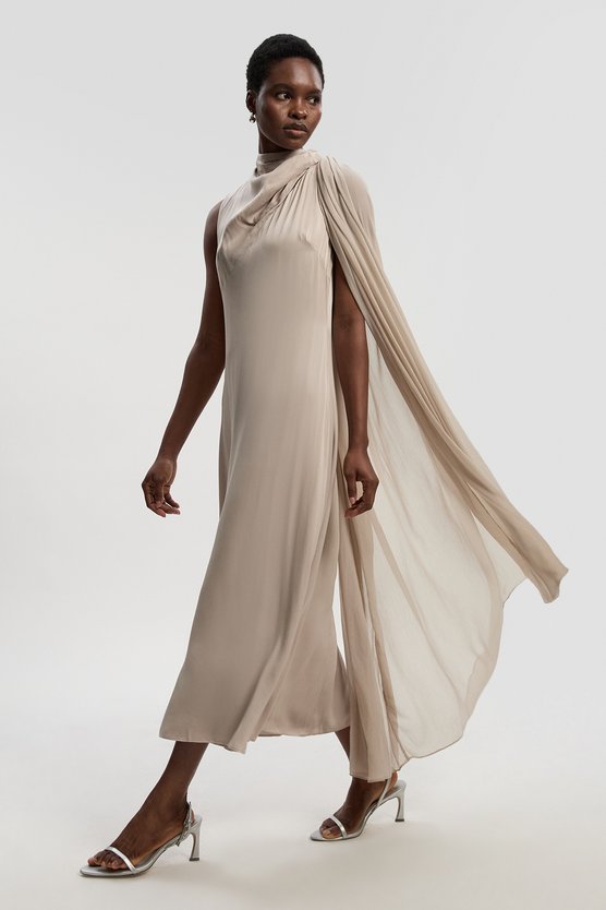 Karen Millen Satin Drape Georgette Cape Detail Midi Dress Silver