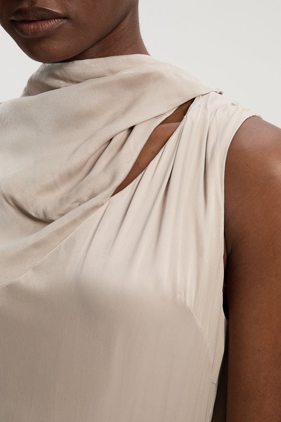 Karen Millen Satin Drape Georgette Cape Detail Midi Dress Silver