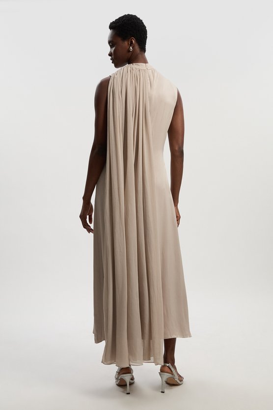 Karen Millen Satin Drape Georgette Cape Detail Midi Dress Silver