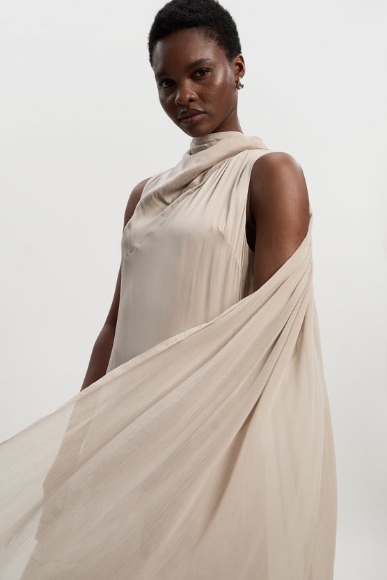 karen millen Satin Drape Georgette Cape Detail Midi Dress silver