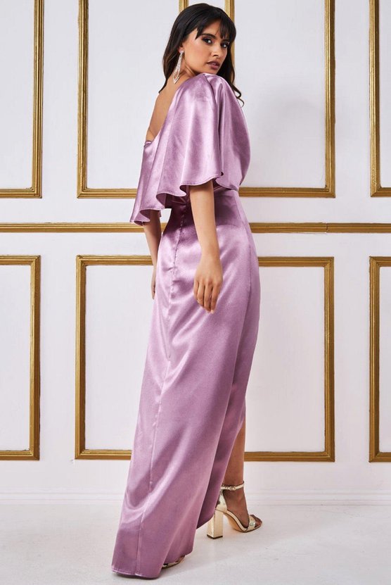 Karen Millen Satin Drape Shoulder Wrap Maxi Dress Light Beige