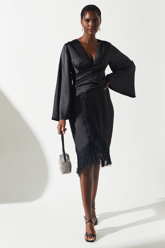 Karen Millen Satin Fringe Hem Wrap Waist Midi Dress Black